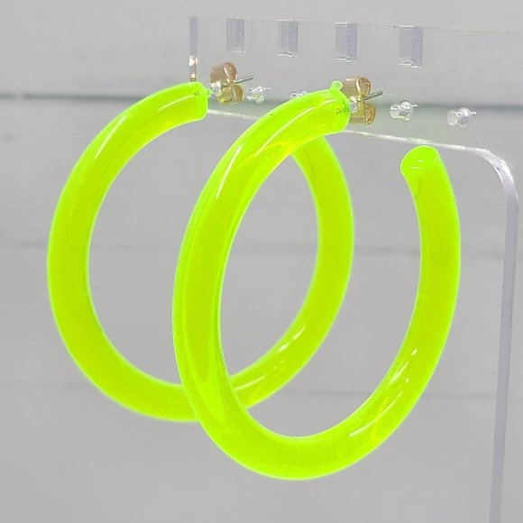 2" Yellow 80's Retro Neon Translucent Tube Lucite Hoop Earrings - Picture 8 of 11